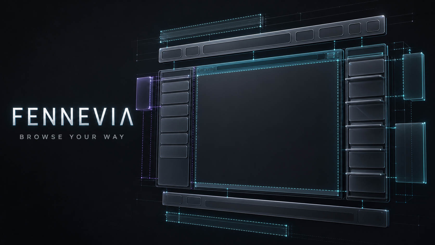 Fennevia Browse Your Way brand artwork showing a modular four-edge browser shell and widget placement guides
